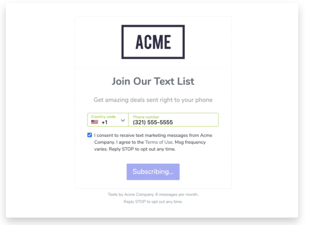 SMS opt-in sign-up form for building a text marketing subscriber list