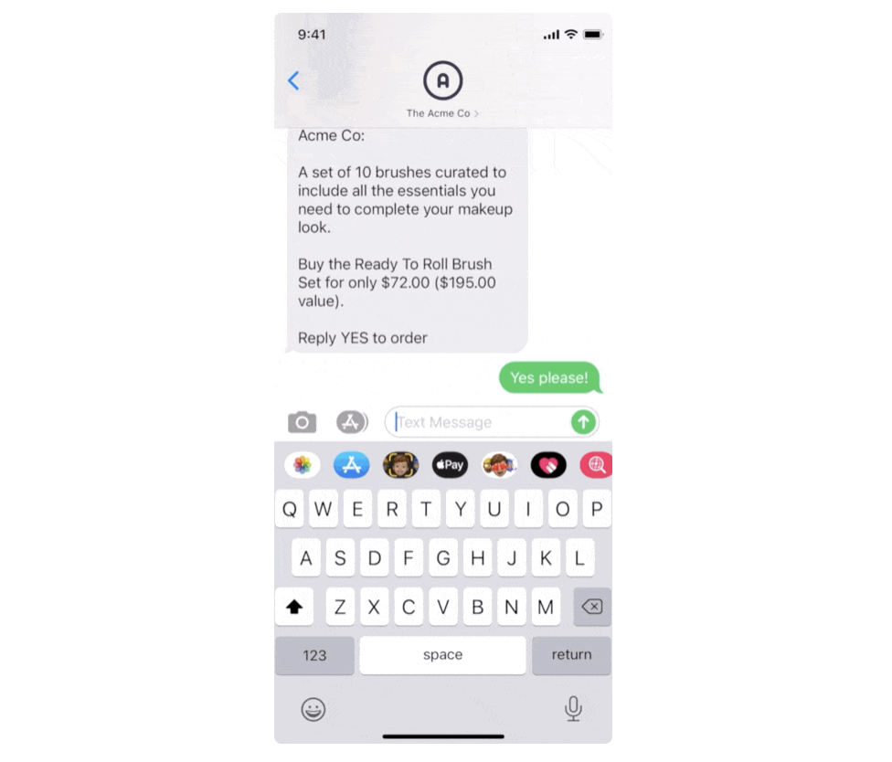 Reply-to-buy text message flow showing a customer purchasing via SMS