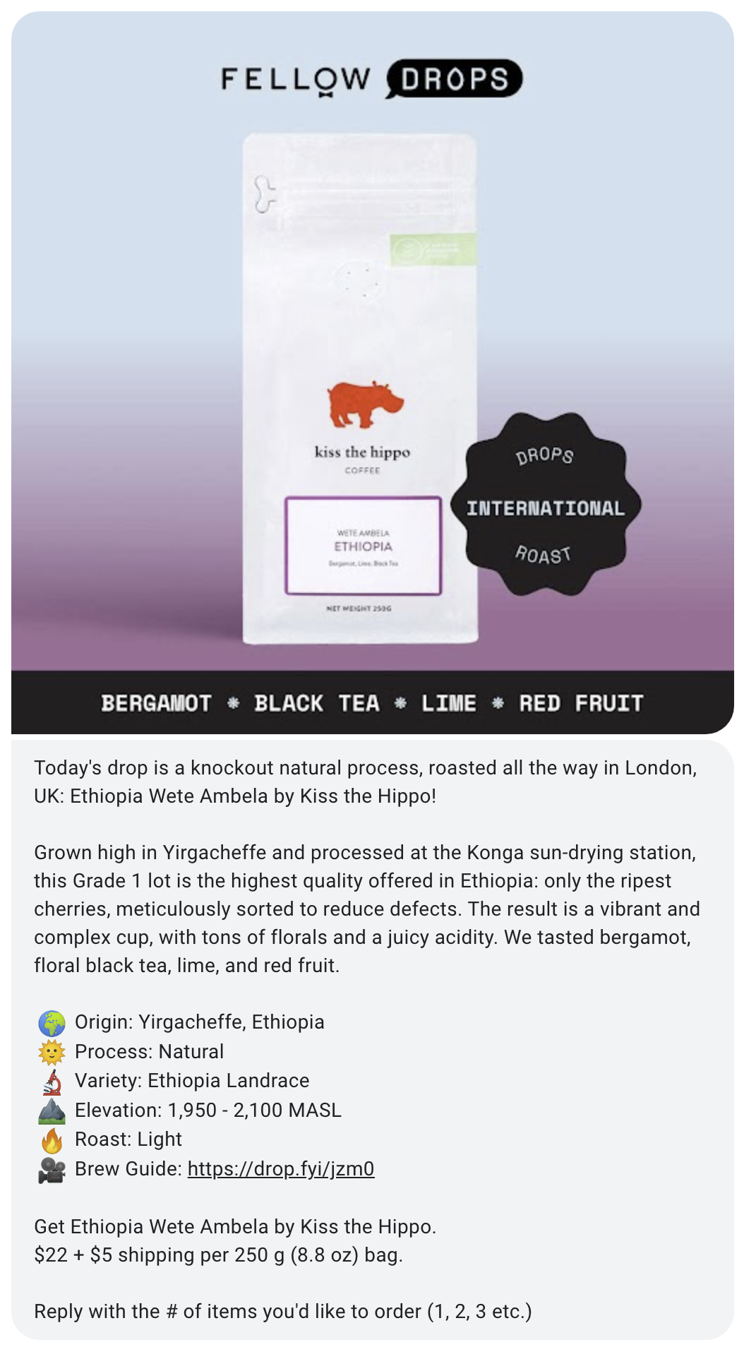 Fellow Drops text message with a high-quality product image of featured coffee
