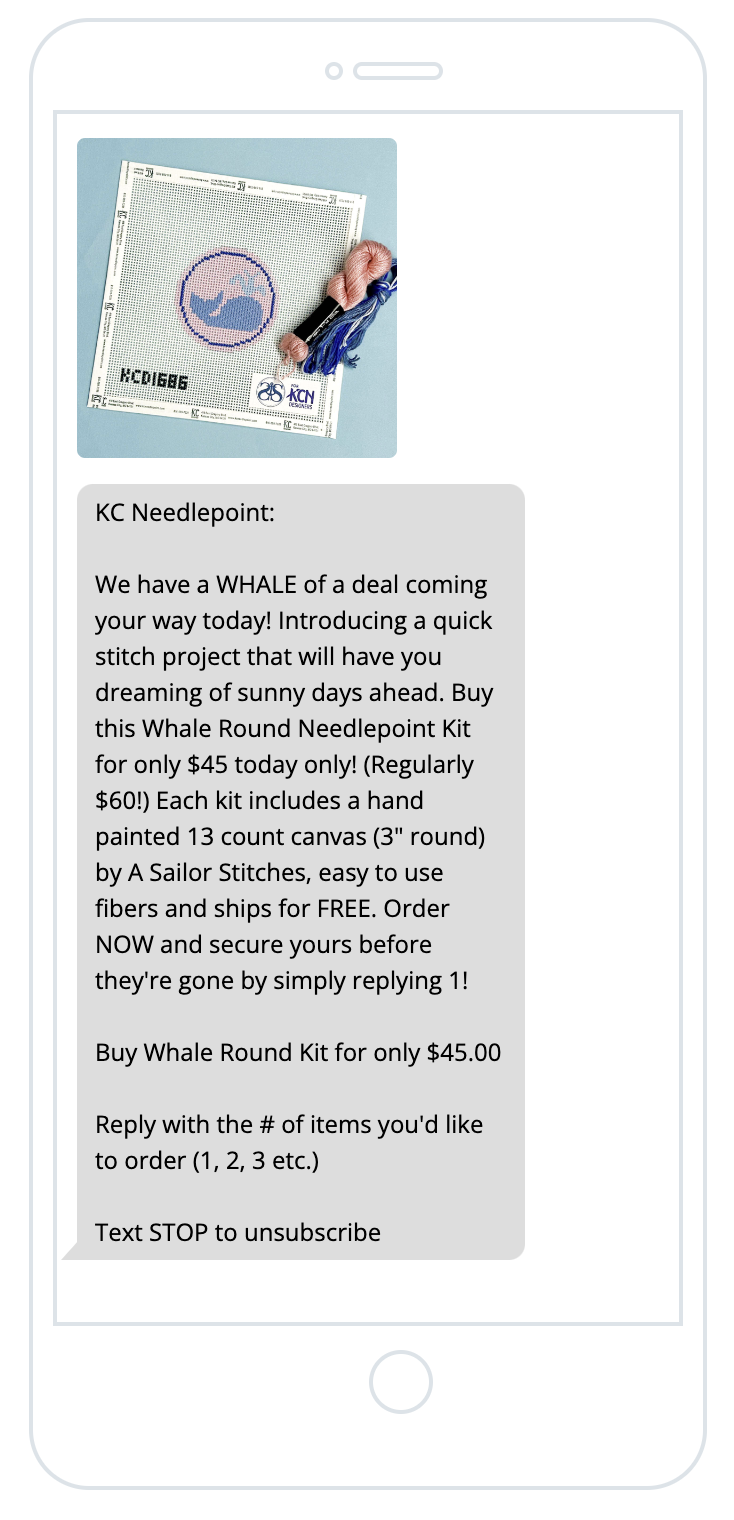 KC Needlepoint SMS message showing brand name identification at the start