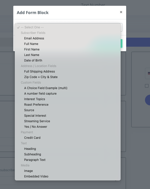 Form field options including images and embedded videos